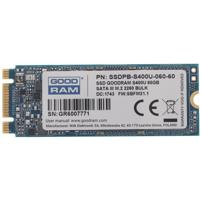 Внутренний жесткий диск GoodRam S400U SSDPB-S400U-060-80 (SSD (твердотельные), 60 ГБ, M.2, SATA)