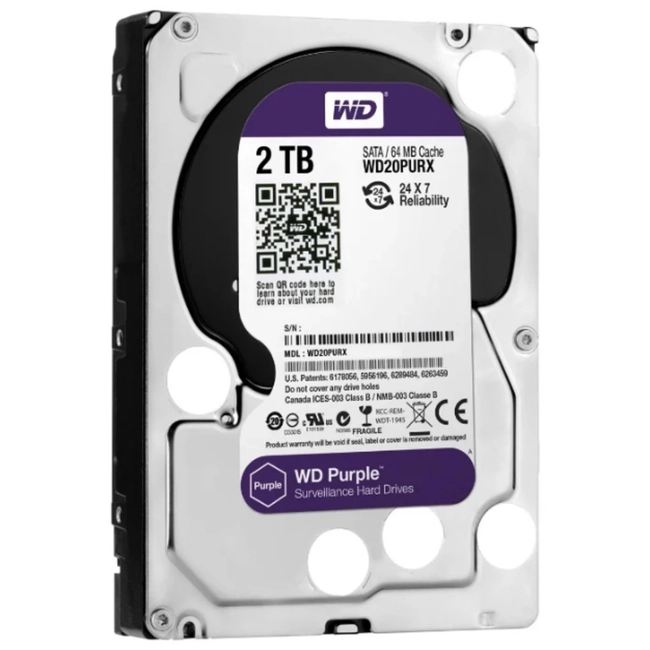 Внутренний жесткий диск Western Digital Purple 2TB SATA 3.5" 5400RPM 64Mb WD20PURX (HDD (классические), 2 ТБ, 3.5 дюйма, SATA)