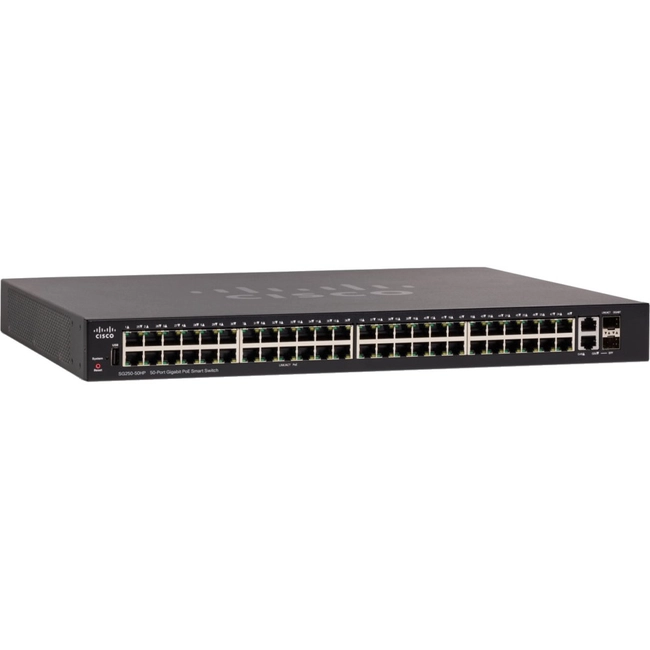 Коммутатор Cisco SG250-50HP-K9-EU (1000 Base-TX (1000 мбит/с), 2 SFP порта)